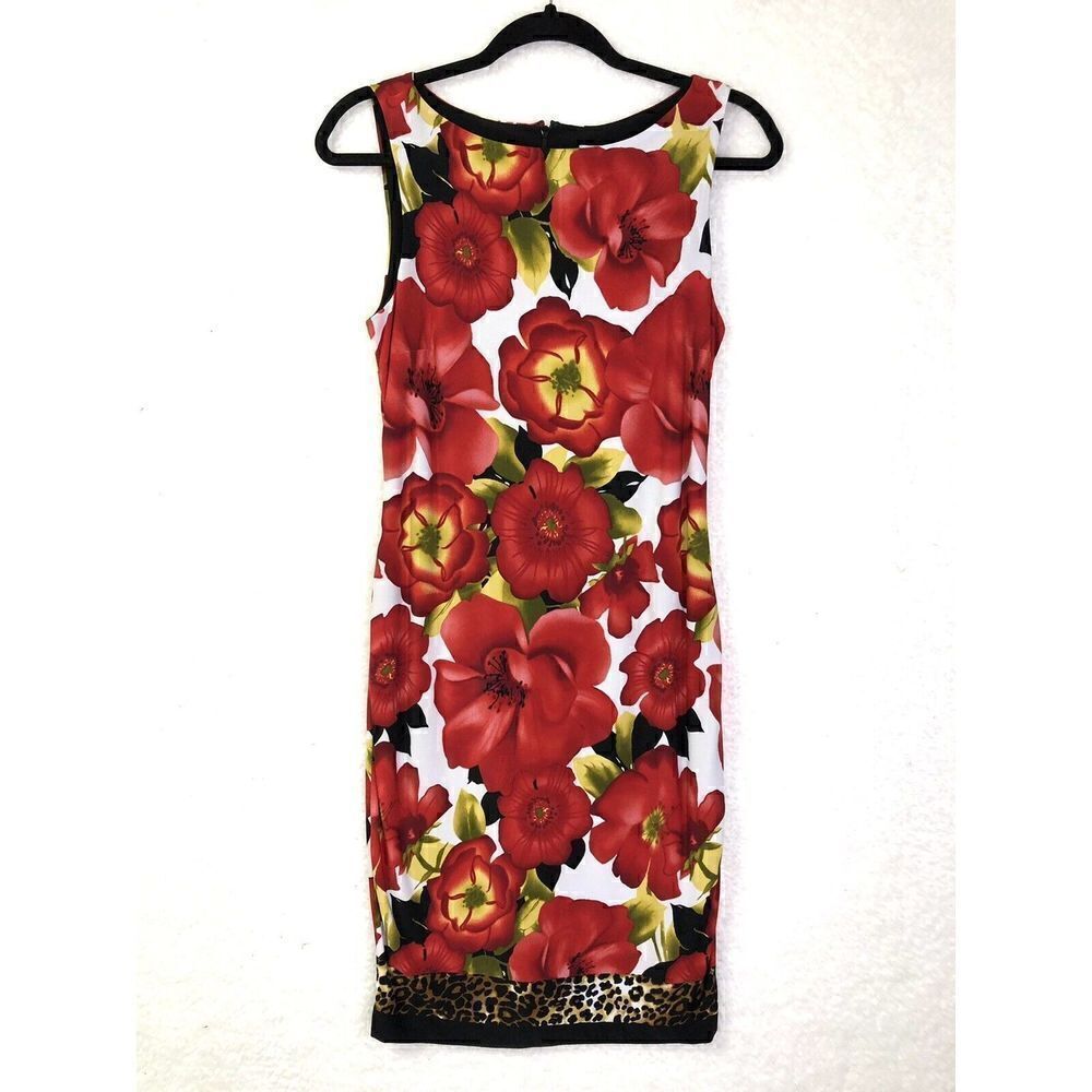 Cache Womens Sleeveless Red Floral Leopard Trim lined Sheath Dress Size 4